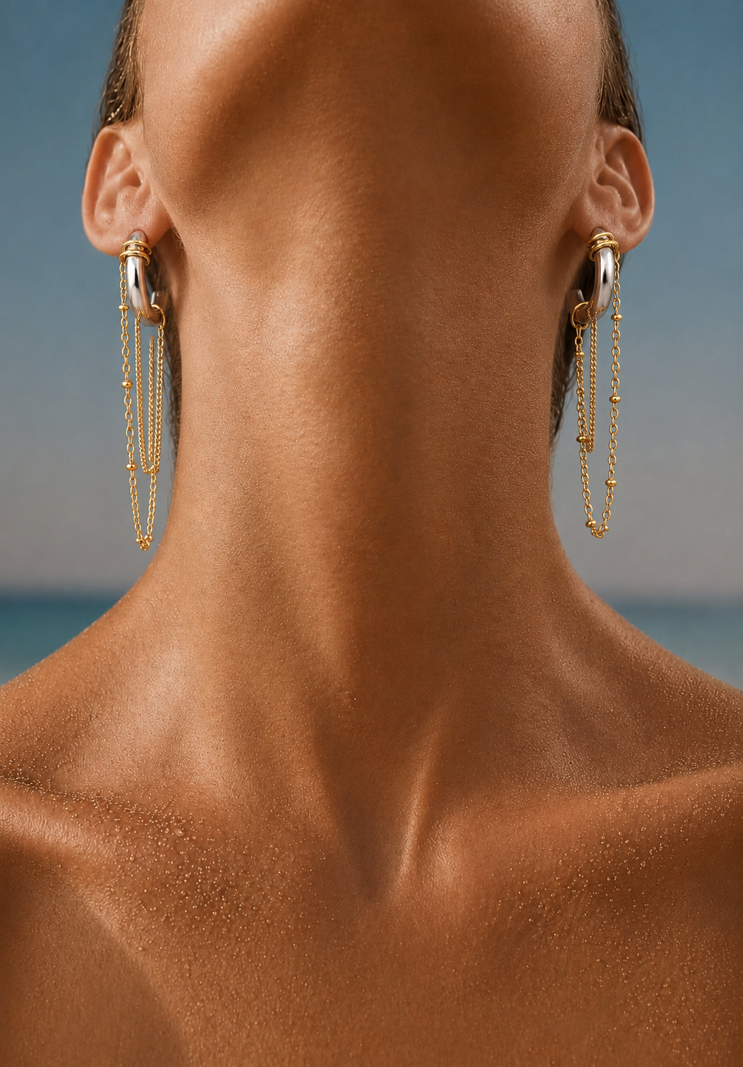 Dual-Tone Chain Drop Hoop Earrings