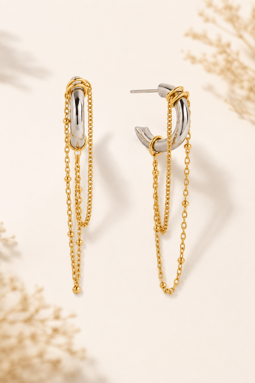 Dual-Tone Chain Drop Hoop Earrings