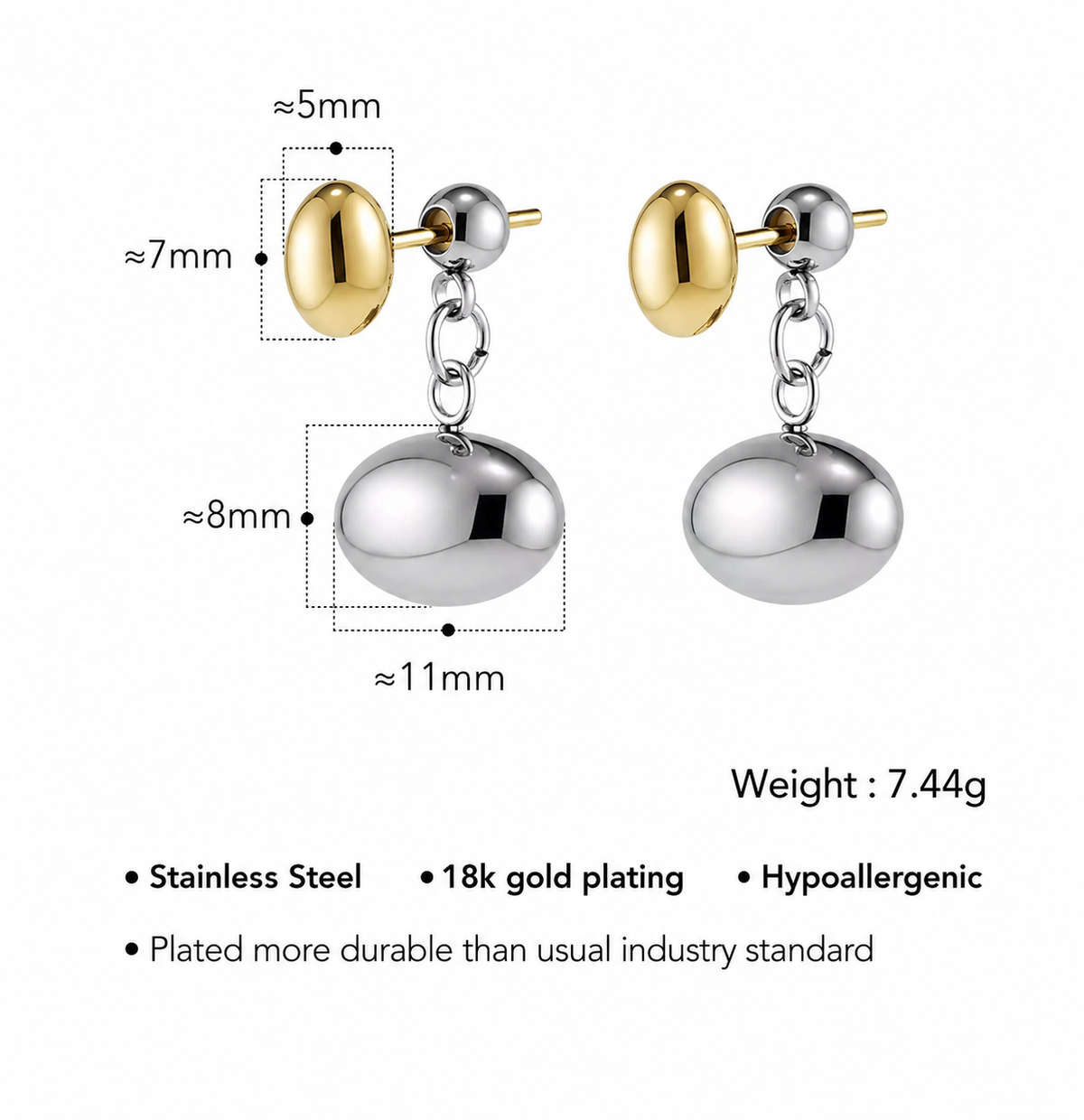 Dual Tone Pebble Drop Earrings