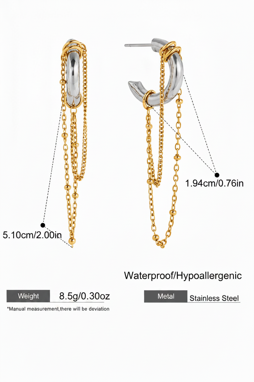 Dual-Tone Chain Drop Hoop Earrings