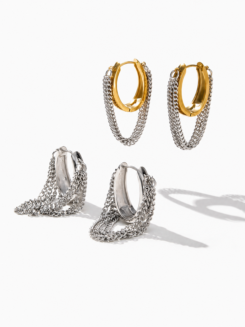 Dual-Tone Chain Drop Hoop Earrings