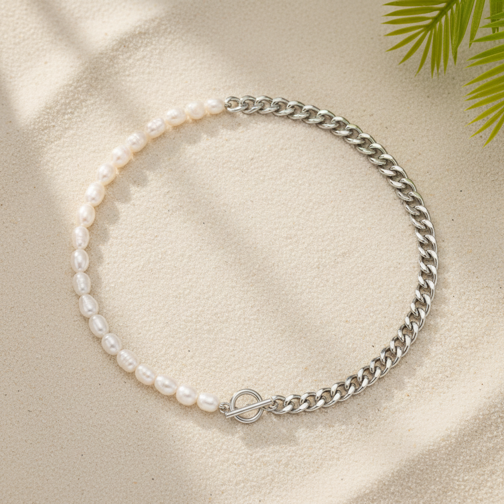 Pearl & Silver Chain Toggle Necklace